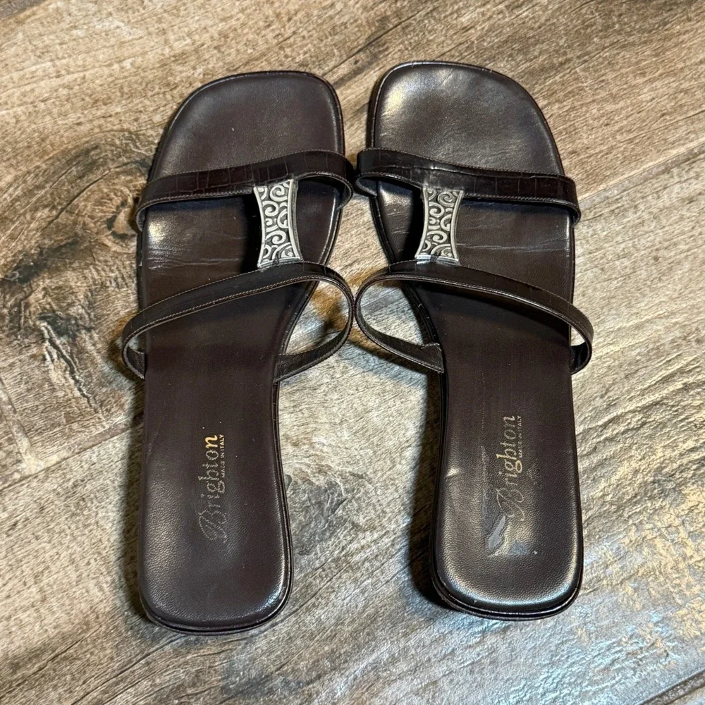 Brighton Dark Brown Croc-Trim Slide Sandals with Silver-Tone Accent